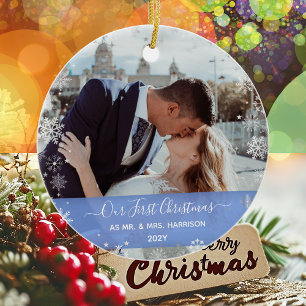 2 Photos Our First Christmas Mr Mrs Snow Elegant Ceramic Ornament
