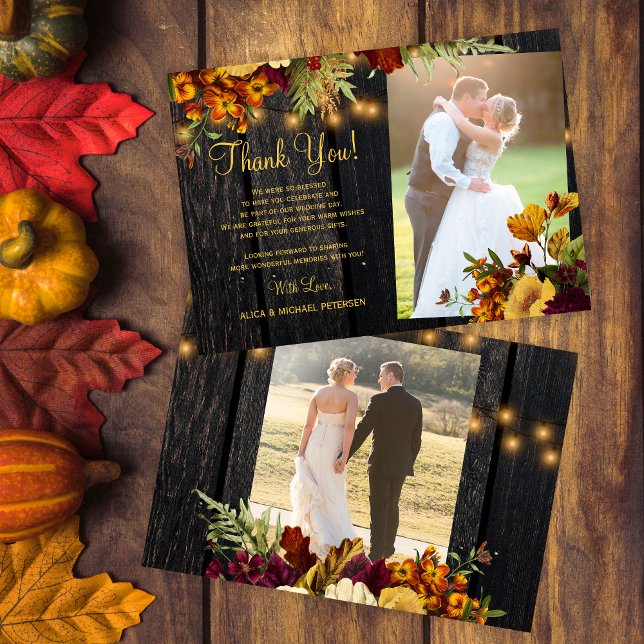 2 photos rustic fall floral barn wood wedding thank you card (Creator Uploaded)