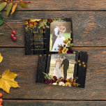 2 photos rustic fall floral wood wedding thank you card<br><div class="desc">Elegant chic autumn fall wedding stylish thank you budget affordable MINI SIZE card template on dark brown barn wood featuring beautiful burnt orange botanical bouquets with dried leaves and foliage, strings or twinkle lights, and a chic faux gold calligraphy script. Easy to personalize with your details and two photos on...</div>