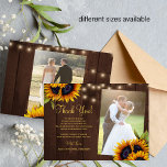 2 photos rustic sunflowers wood wedding thank you card<br><div class="desc">Elegant chic summer or fall wedding stylish budget MINI SIZE thank you card template on brown barn wood featuring beautiful sunflowers bouquets, strings or twinkle lights, and a chic faux gold calligraphy script. Easy to personalize with your details and two photos on front and back! Suitable for elegant summer or...</div>