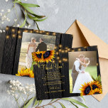 2 photos rustic sunflowers wood wedding thank you card<br><div class="desc">Elegant chic summer or fall wedding stylish budget MINI SIZE thank you card template on dark brown barn wood featuring beautiful sunflowers bouquets, strings or twinkle lights, and a chic faux gold calligraphy script. Easy to personalize with your details and two photos on front and back! Suitable for elegant summer...</div>