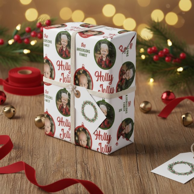 2 Photos Scrip Holly Jolly Christmas Ornament Wrapping Paper (Creator Uploaded)