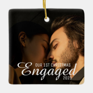 2 Photos Typography First Christmas Engaged  Ceramic Ornament