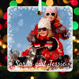 2 Photos with Snowflake Overlay Add Names or Text Metal Ornament