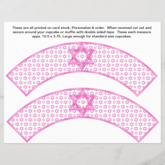 2 Pink Bat Mitzvah Custom Cupcake Wrappers (Front)