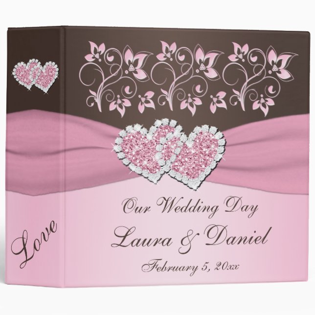2" Pink, Brown Floral Joined Hearts BINDER (Front/Spine)