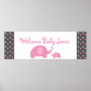 2 Pink Elephants Baby Shower Sprinkle Party Banner Poster
