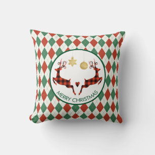 2 Plaid Deer Jumping on an Argyle Pattern Rustic Throw Pillow