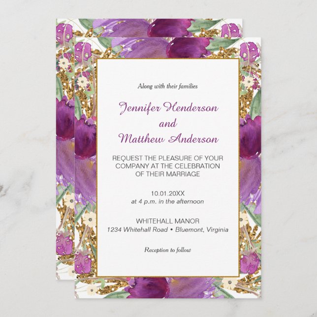 2 Purple Amethyst Flowers Gold Glitter Invitations (Front/Back)