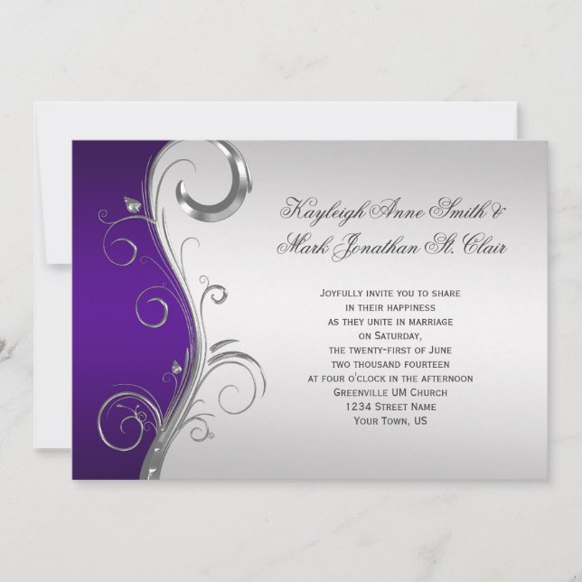 #2 Purple Silver Floral Swirls Wedding Invitation (Front)
