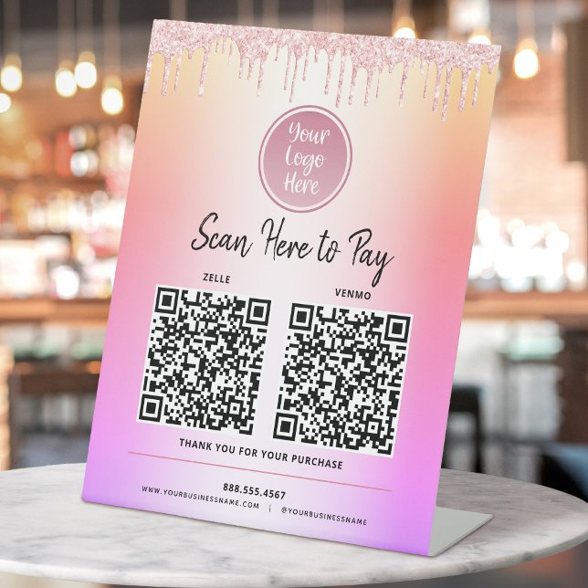 2 QR Code Logo Pink Glitter Pay Here Rainbow Ombre Pedestal Sign (Creator Uploaded)