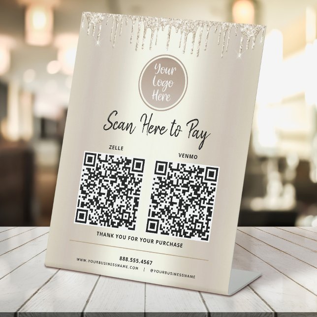 2 QR Codes Pay Here Gold Glitter Drips Custom Logo Pedestal Sign (Creator Uploaded)