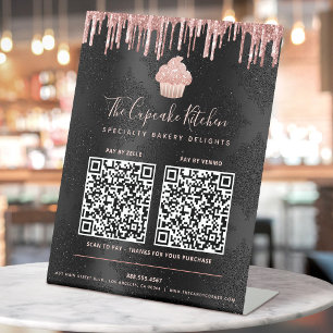 2 QR Codes Pay Here Pink Cupcake Glitter Black Pedestal Sign