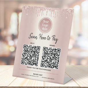 2 QR Codes Pay Here Rose Gold Glitter Custom Logo Pedestal Sign