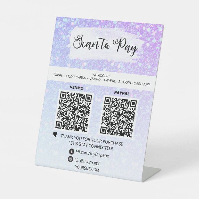 *~* 2 QR PAYMENT - Lavender Tabletop Table Tent Pedestal Sign (Front)