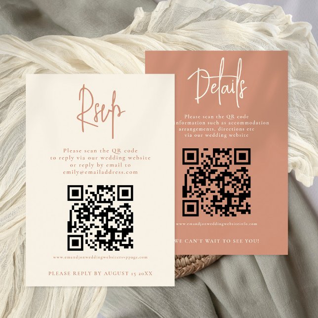 2 QRs Terracotta Cream Wedding Details RSVP card (Front and back view. Combined  RSVP and Details. 2 QR codes. Available digitally or printed)