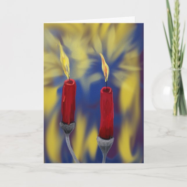2 red candles with moving flame holiday painting card (Front)