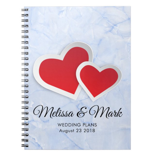 2 Red Hearts on Icy Blue Marble Wedding Plans Notebook (Front)