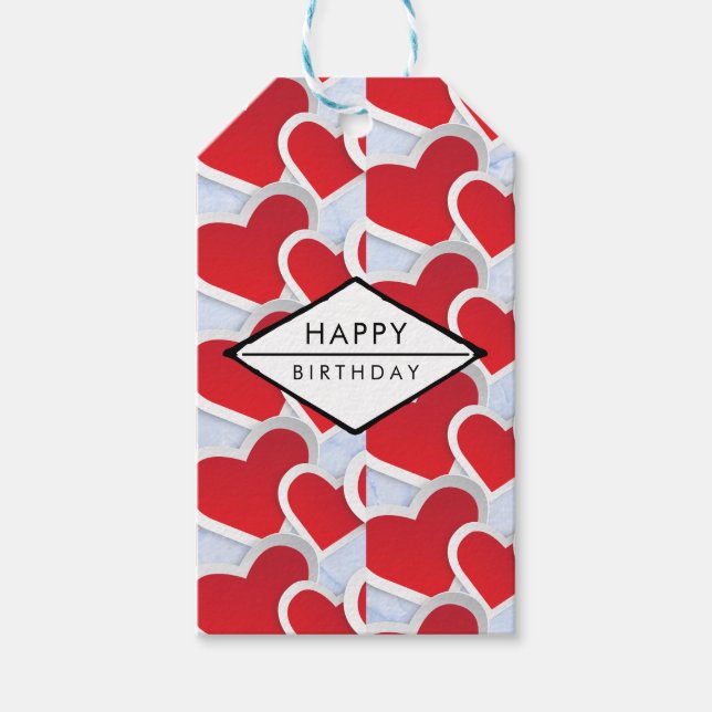 2 Red Hearts Repeating Pattern Cute Birthday Gift Tags (Front)