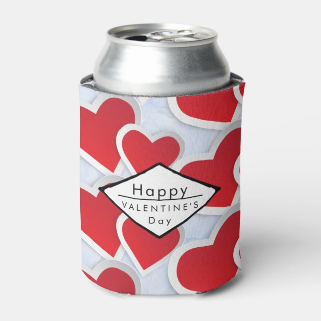 2 Red Hearts Repeating Pattern Cute Can Cooler (Can Front)