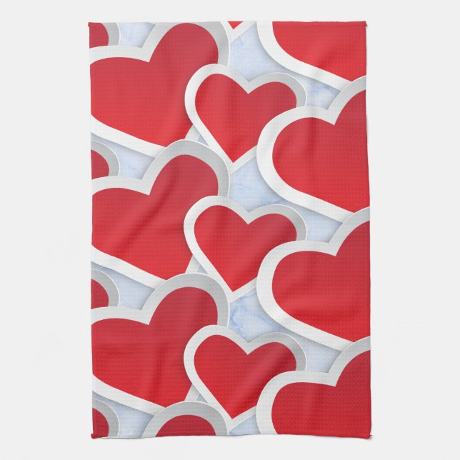 2 Red Hearts Repeating Pattern Cute Kitchen Towel (Vertical)
