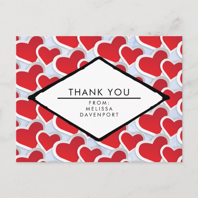 2 Red Hearts Repeating Pattern Cute Thank You Postcard (Front)