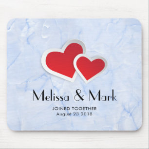2 Red Paper Hearts on Icy Blue Marble Custom Mouse Pad