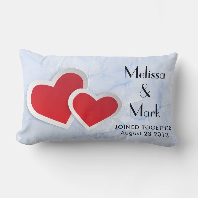 2 Red Paper Hearts on Icy Blue Marble Lumbar Pillow (Front)