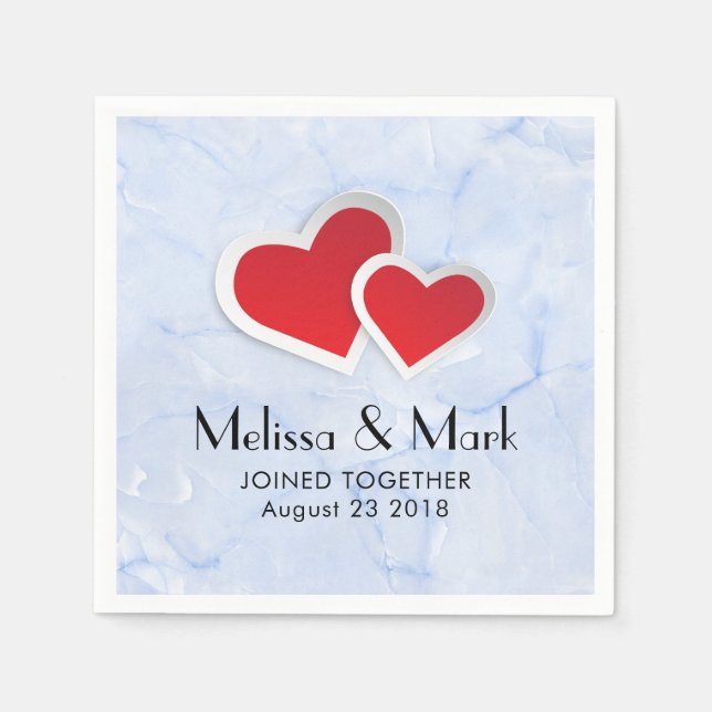 2 Red Paper Hearts on Icy Blue Marble Napkin (Front)
