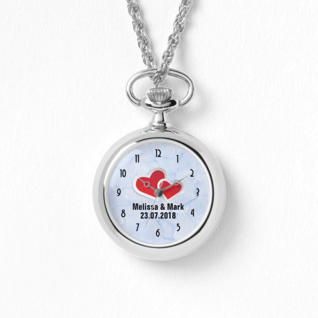 2 Red Paper Hearts on Icy Blue Marble Watch (Front)