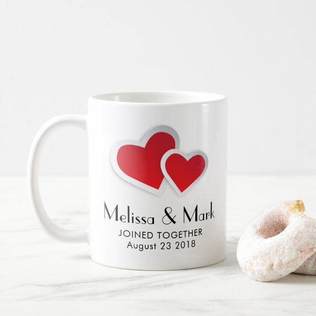 2 Red Paper Hearts on Icy Blue Marble Wedding Coffee Mug (With Donut)