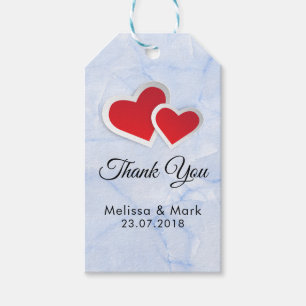 2 Red Paper Hearts on Icy Blue Marble Wedding Gift Tags