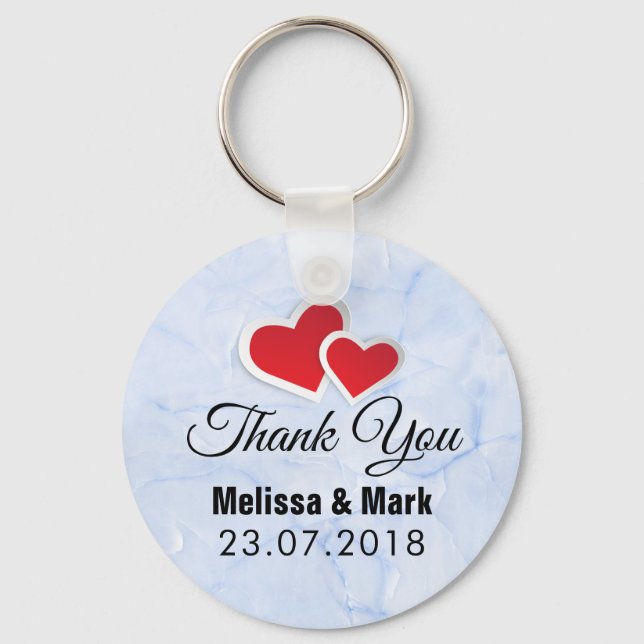 2 Red Paper Hearts on Icy Blue Marble Wedding Keychain (Front)
