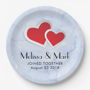 2 Red Paper Hearts on Icy Blue Marble Wedding Plate