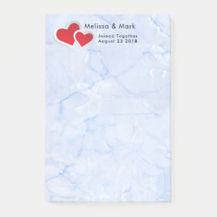 2 Red Paper Hearts on Icy Blue Marble Wedding Post-it Notes