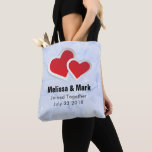 2 Red Paper Hearts on Icy Blue Marble Wedding Tote Bag<br><div class="desc">A wedding tote bag with an illustration of 2 paper hearts joined together - red with a white border. Set on an elegant icy blue marble background.</div>