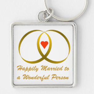 2 rings & heart, Happily Married... Keychain
