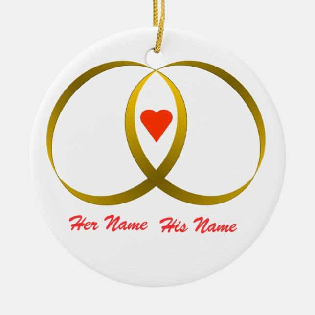 2 rings & heart, Her Name, His Name Ceramic Ornament (Front)