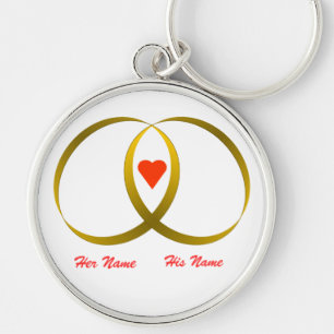 2 rings & heart, Her Name, His Name Keychain