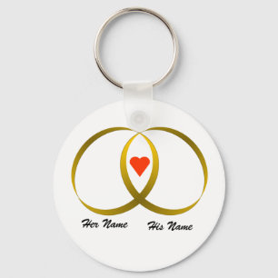 2 rings & heart, Her Name, His Name Keychain