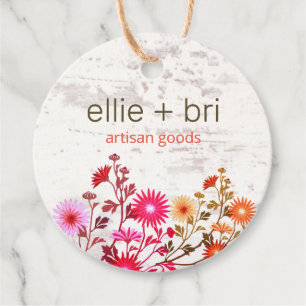 2" Round  Country Floral Boho White Wood  Hang Tag