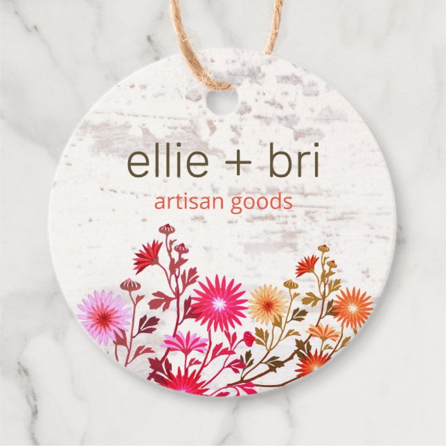 2" Round  Country Floral Boho White Wood  Hang Tag (Front)