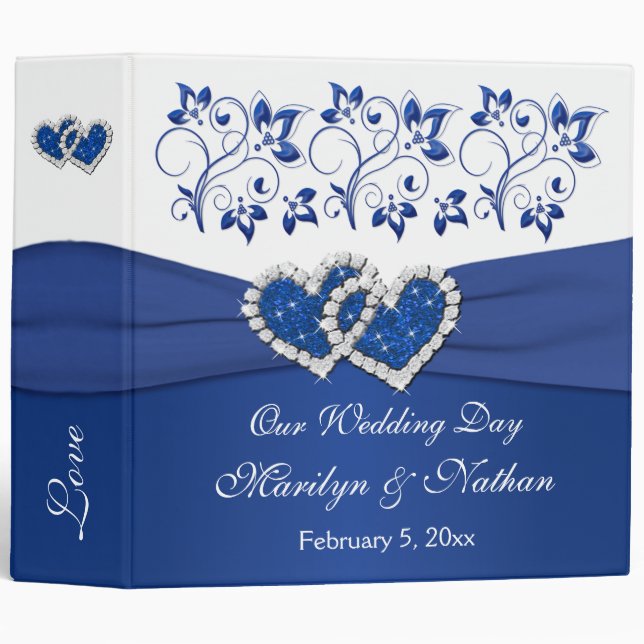2" Royal Blue, White Floral Joined Hearts BINDER (Front/Spine)