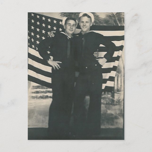 2 sailors front of flag postcard (Front)