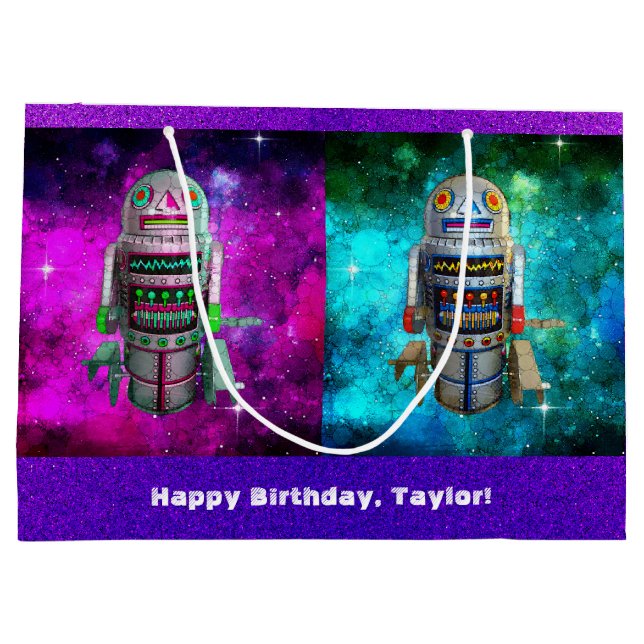 2 sci fi toy robots purple blue galaxy custom name large gift bag (Back)