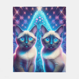 2 Siamese Kittens Posing In With Christmas Tree Fleece Blanket