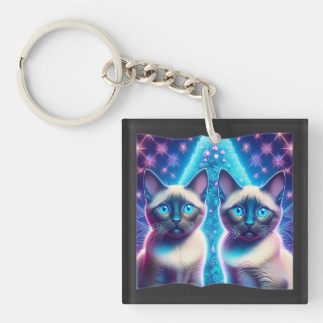 2 Siamese Kittens Posing In With Christmas Tree Keychain (Front)