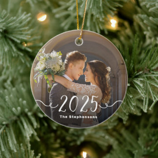 2-Sided 2025 Elegant Script Overlay Double Photo Ceramic Ornament