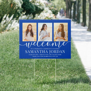 2 Sided 6 Photo Graduation Welcome Royal Blue Yard Garden Sign