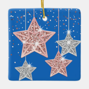 2-sided Bright Christmas Quote Hanging Stars Blue Ceramic Ornament